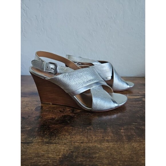 COACH New York Randy Silver Wedge Sandles SZ 6 Sling back holidays party Barbie - Picture 2 of 13